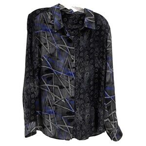 APNY Split Design Geo Print Lightweight Cupro Button Up Long Sleeve Blouse Sz M